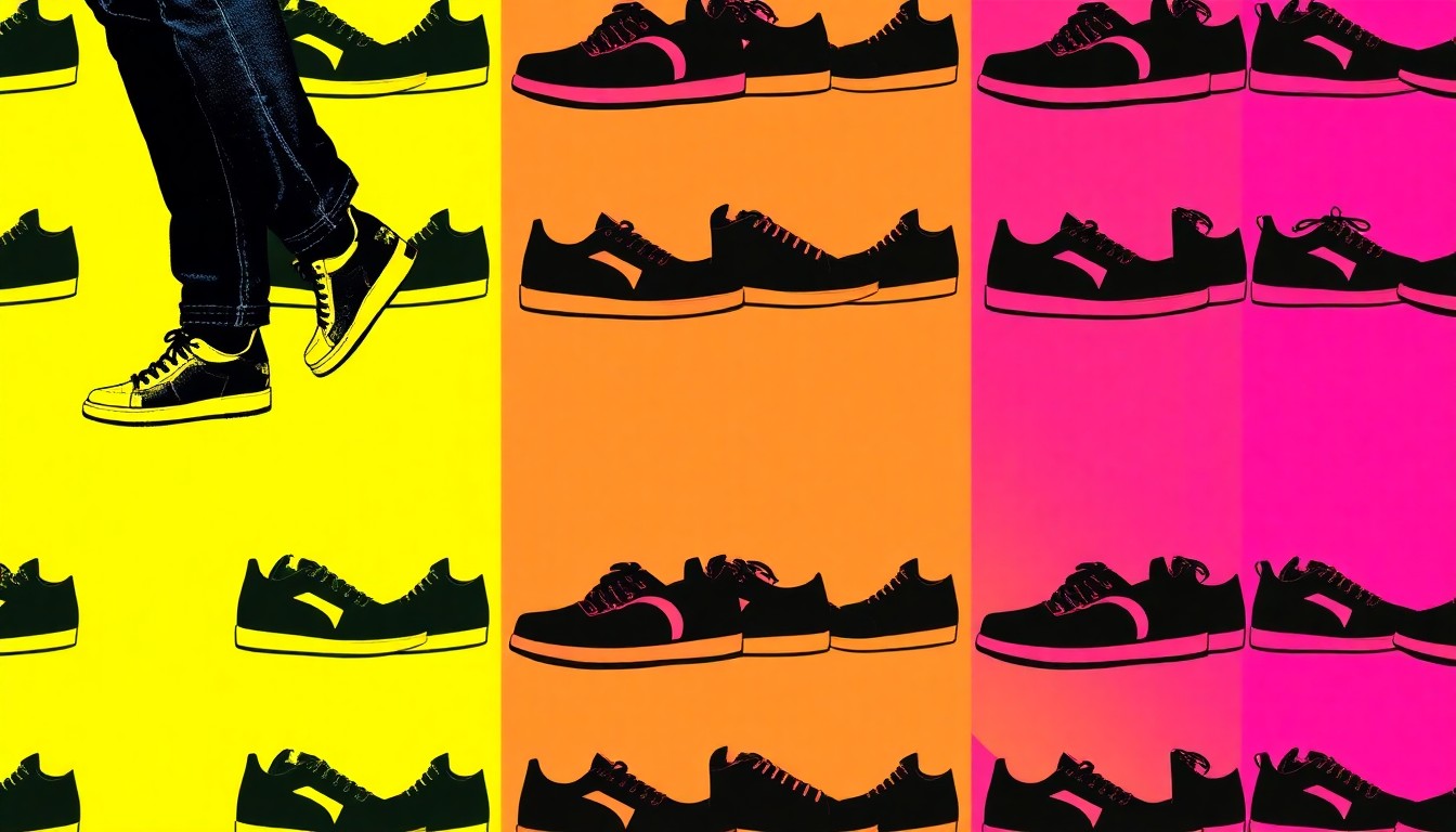 A high-contrast silkscreen print featuring a repeated grid of a single fashion item, such as a sneaker or pair of jeans, rendered in a bold, neon color palette with heavy black outlines, conceptually representing the vibrant and unexpected color trends emerging in spring and summer fashion.