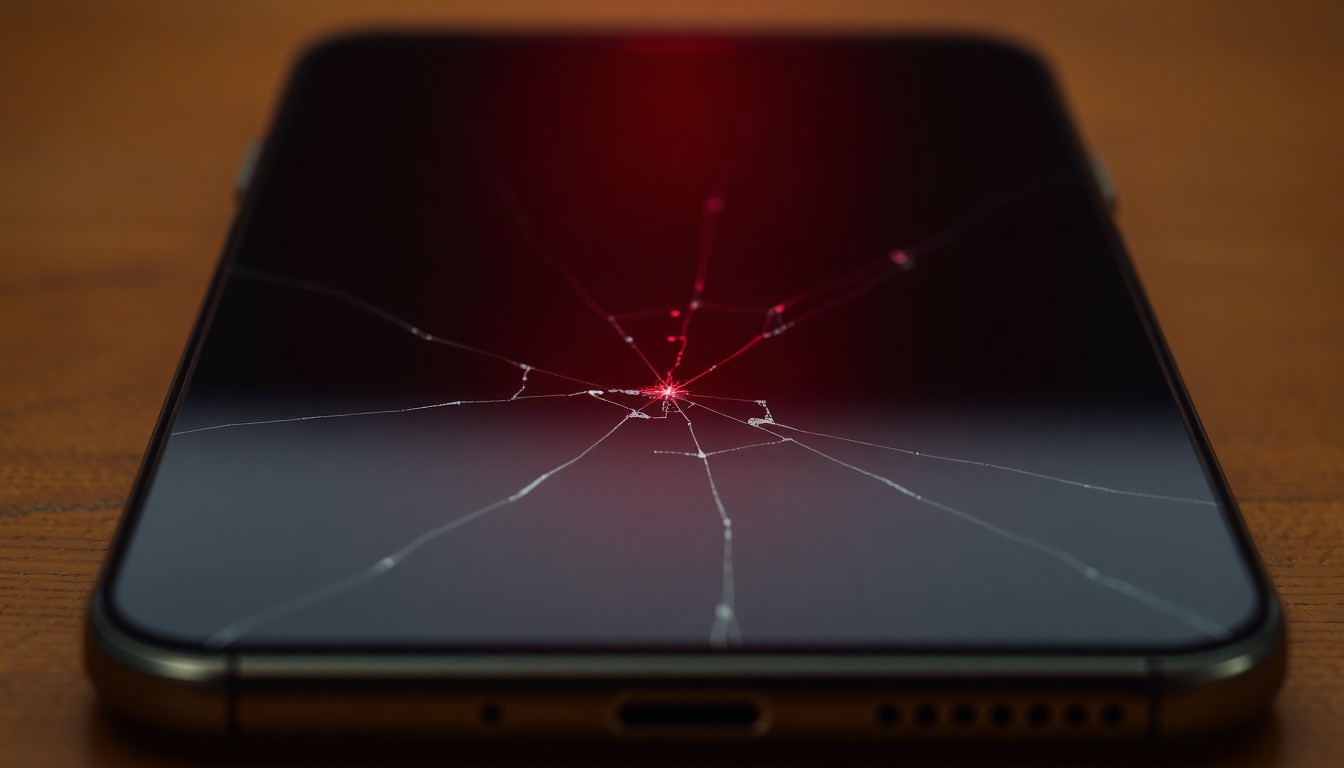 An extreme close-up photograph of a cracked smartphone screen reflecting a dim, red light, conceptually illustrating the impact of cybercrime on the music industry.