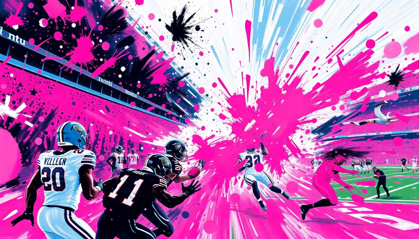 An abstract, expressionist painting in vibrant neon colors featuring dynamic, gestural brushstrokes that capture the raw energy and excitement of a soccer match, with players' forms dissolving into unrecognizable shapes and splatters of pink, white, and black paint.