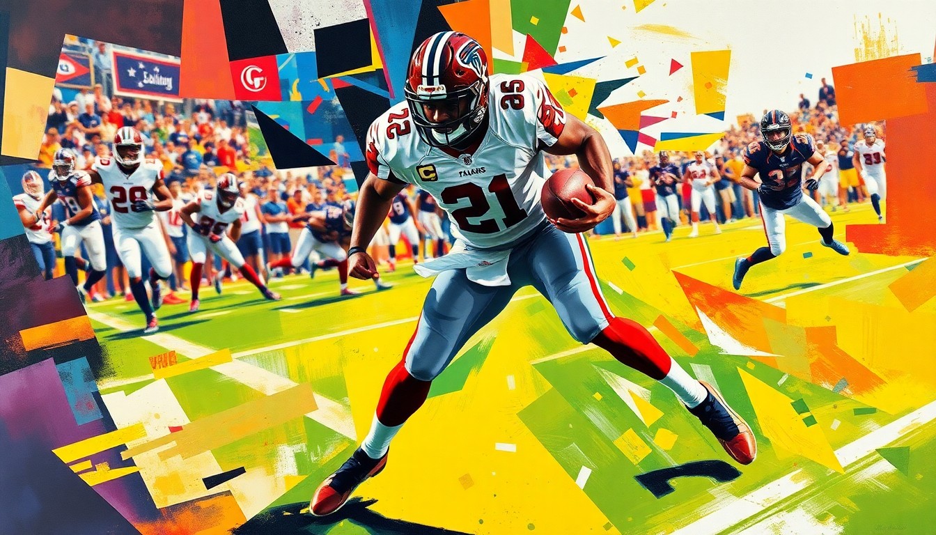 A fractured, geometric painting depicting the explosive movements and athleticism of a football player, with vibrant colors representing the uniforms of the Falcons and Georgia State.