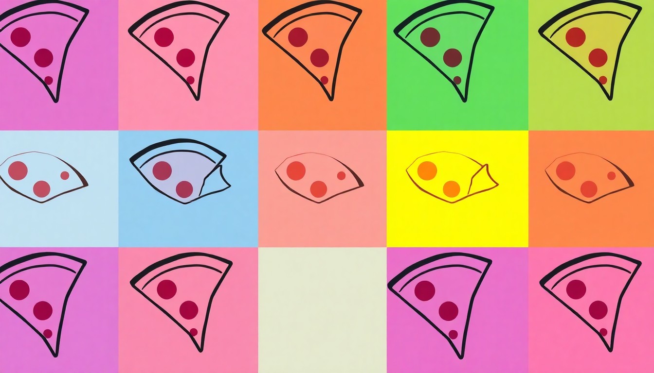 A bold, vibrant silkscreen print featuring a single pizza slice repeated in a grid pattern, rendered in a pop art style with bright neon colors and heavy black outlines, conceptually representing the community's passion for finding the best pizza in Las Vegas.