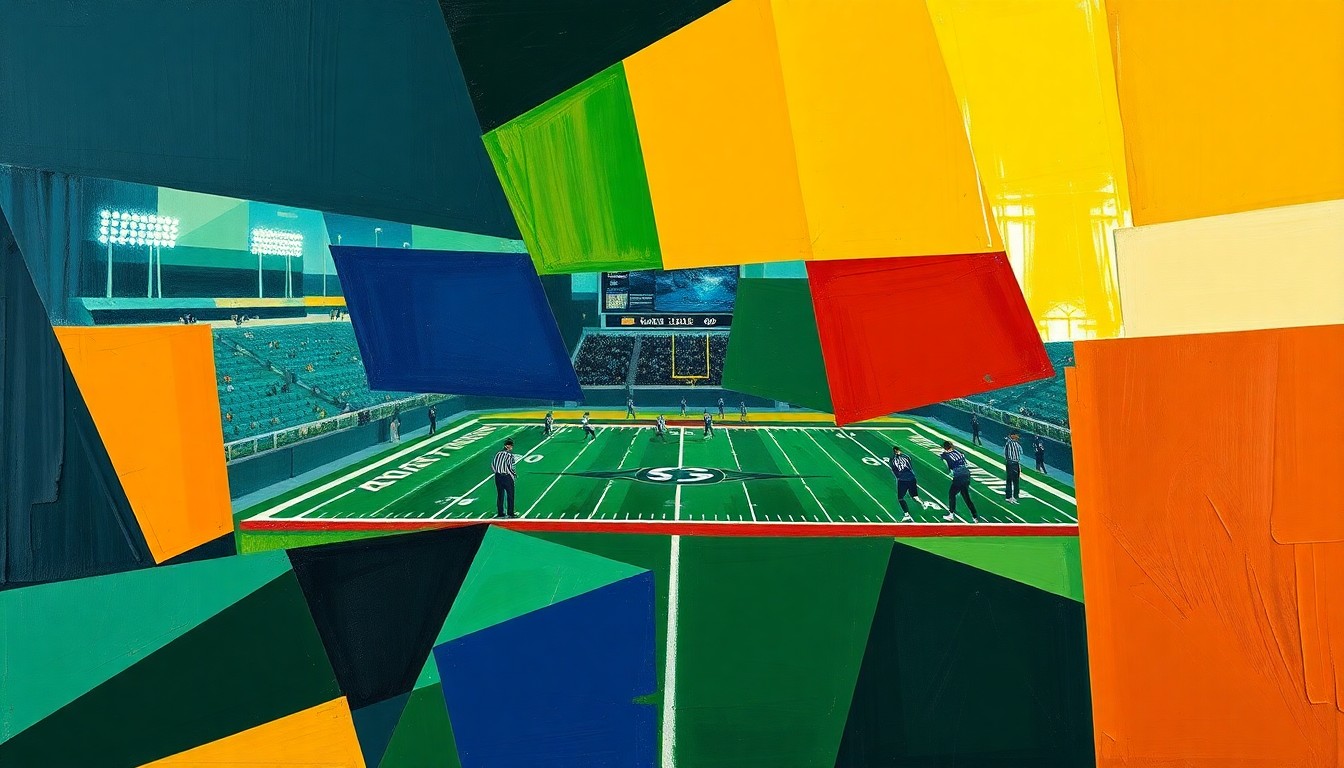 A fragmented, geometric painting depicting a college football game broken down into sharp, overlapping planes of navy, green, and orange, conveying the complex financial challenges facing college athletics.