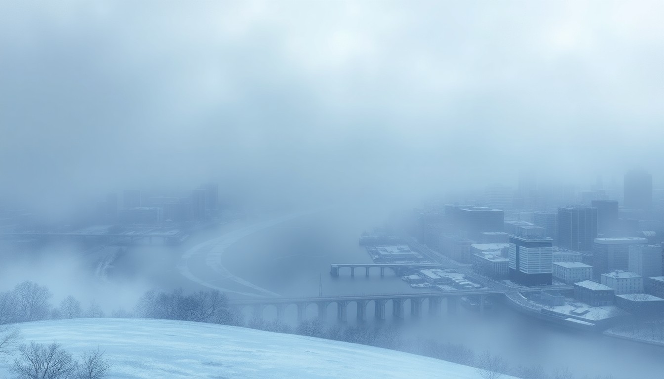 A sweeping, atmospheric landscape painting in muted tones of grey and blue, depicting a frozen cityscape with the Fox River in the foreground, shrouded in a heavy fog that obscures the details of the buildings and infrastructure, conveying the overwhelming scale of the natural elements and the vulnerability of human-made structures.