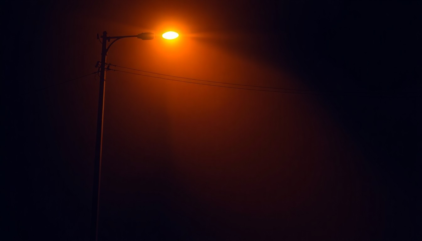 A photorealistic oil painting depicting a lone Cuban street lamp or power line pole standing in a pool of warm sunlight, the surrounding area shrouded in deep shadows, conveying a sense of isolation and the toll of the US energy blockade on the island's infrastructure.