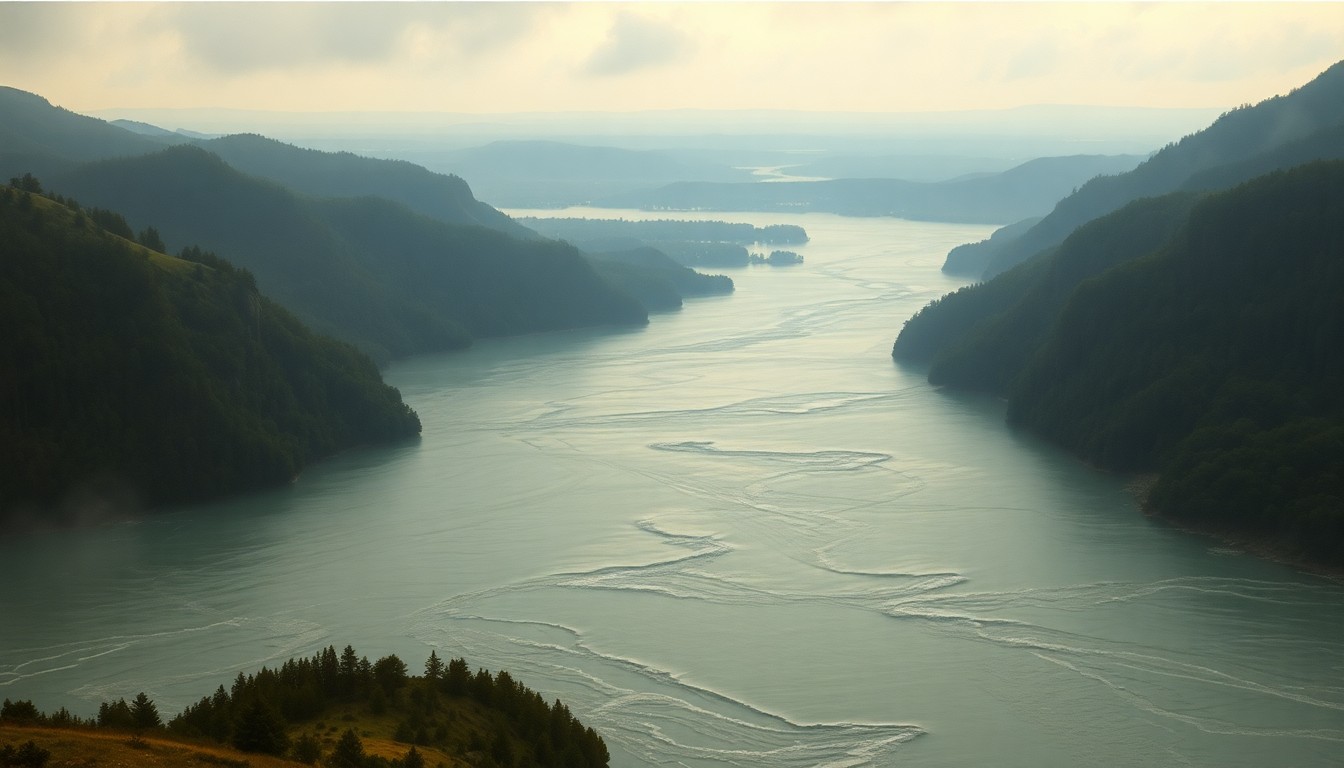 A sweeping, atmospheric landscape painting depicting a flooded river valley, with the swollen waters of the river and its banks dominating the scene and dwarfing any visible structures or human presence. The composition uses deep perspective and dramatic lighting to convey the overwhelming scale and power of the natural environment during a flood event.
