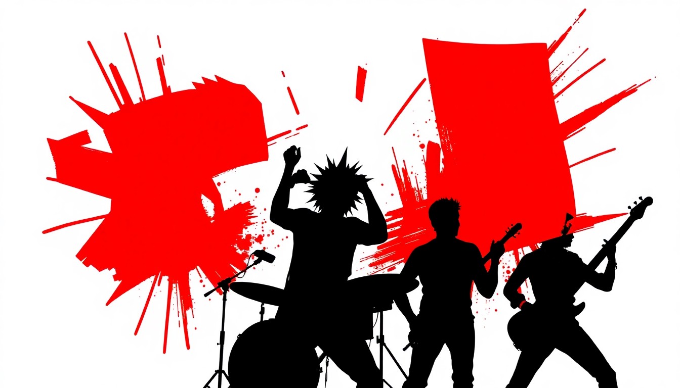 A bold, graphic composition of stark black silhouettes and high-contrast red and white shapes, abstractly representing the energy and rebellion of a pop punk cover performance.