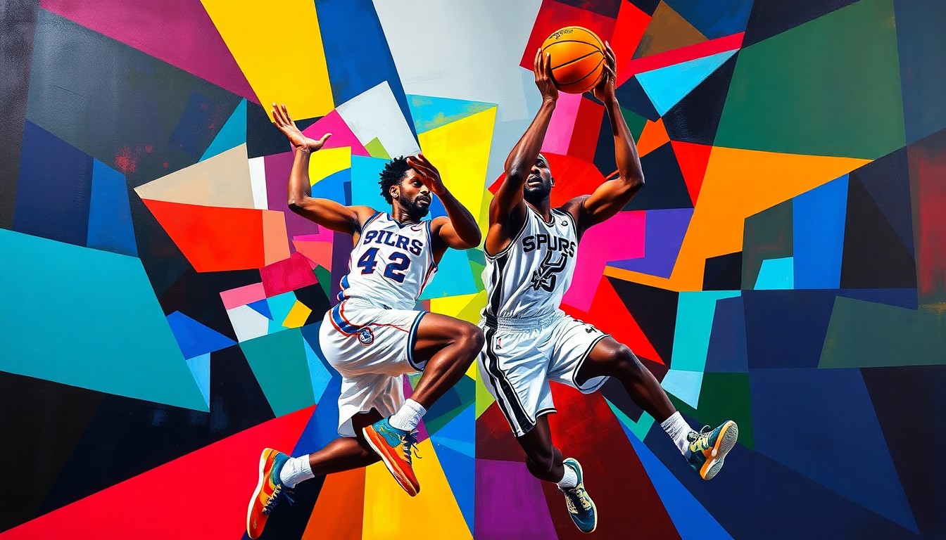 A fractured, cubist-style painting depicting the intense basketball action between Philadelphia 76ers center Joel Embiid and San Antonio Spurs rookie Victor Wembanyama, with sharp geometric shapes and planes in the teams' official colors representing the dynamic, high-scoring game.
