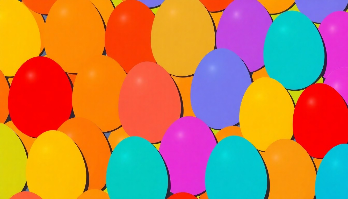 A high-contrast, silkscreen-style illustration featuring a grid of brightly colored Easter eggs in neon shades of pink, yellow, and blue, conceptually representing the joyful energy of a community Easter celebration.
