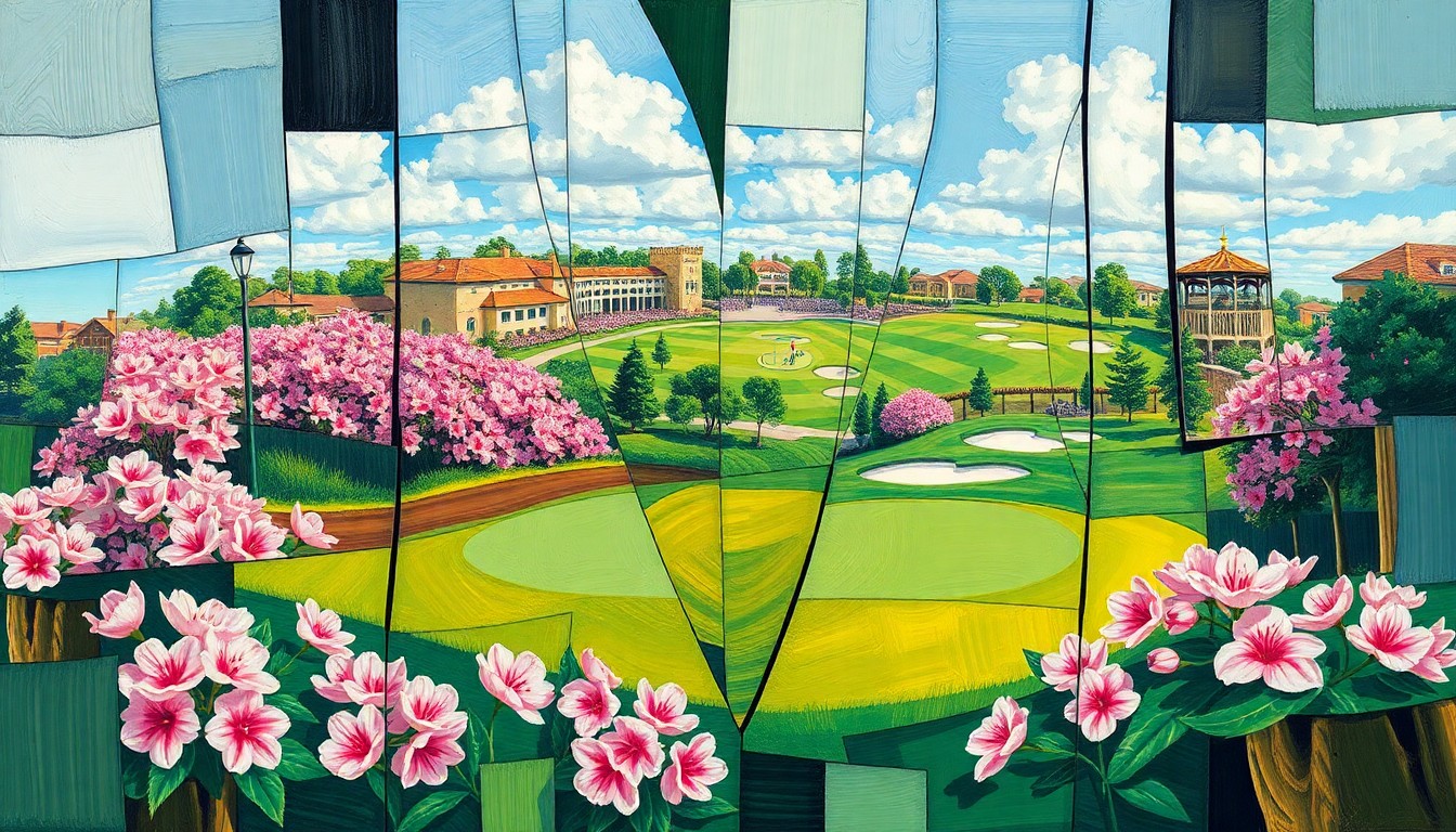 A cubist, geometric painting depicting the iconic elements of the Masters golf tournament, including the clubhouse, fairways, and blooming azaleas, broken down into sharp, overlapping planes of color and form.