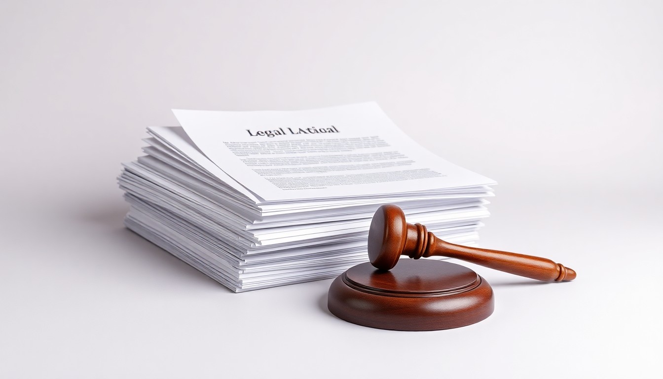 A photorealistic studio still life featuring a stack of legal documents and a gavel on a clean, monochromatic background, symbolizing the legal proceedings and pursuit of corporate accountability.
