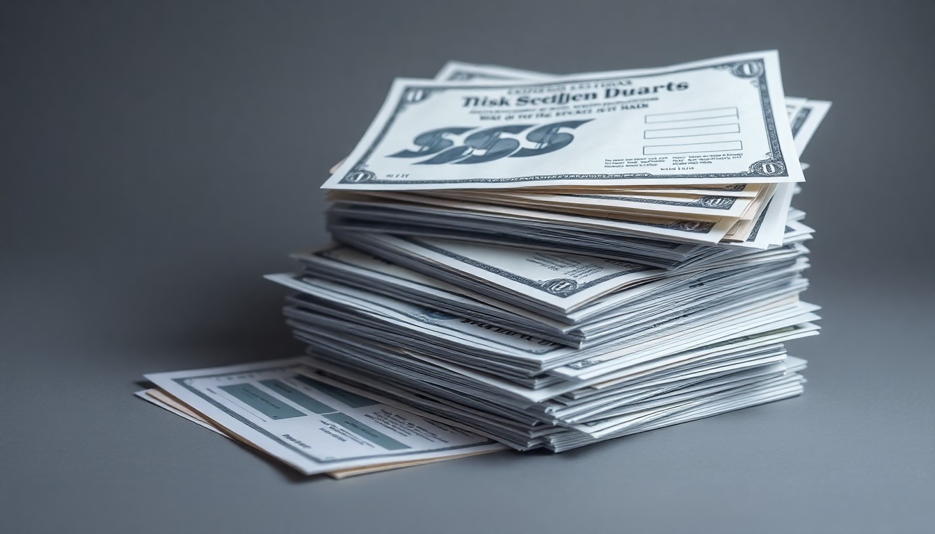 A photorealistic studio still life featuring a stack of stock certificates and financial documents in muted shades of gray and blue, conveying the abstract concepts of corporate finance, risk, and investor harm.