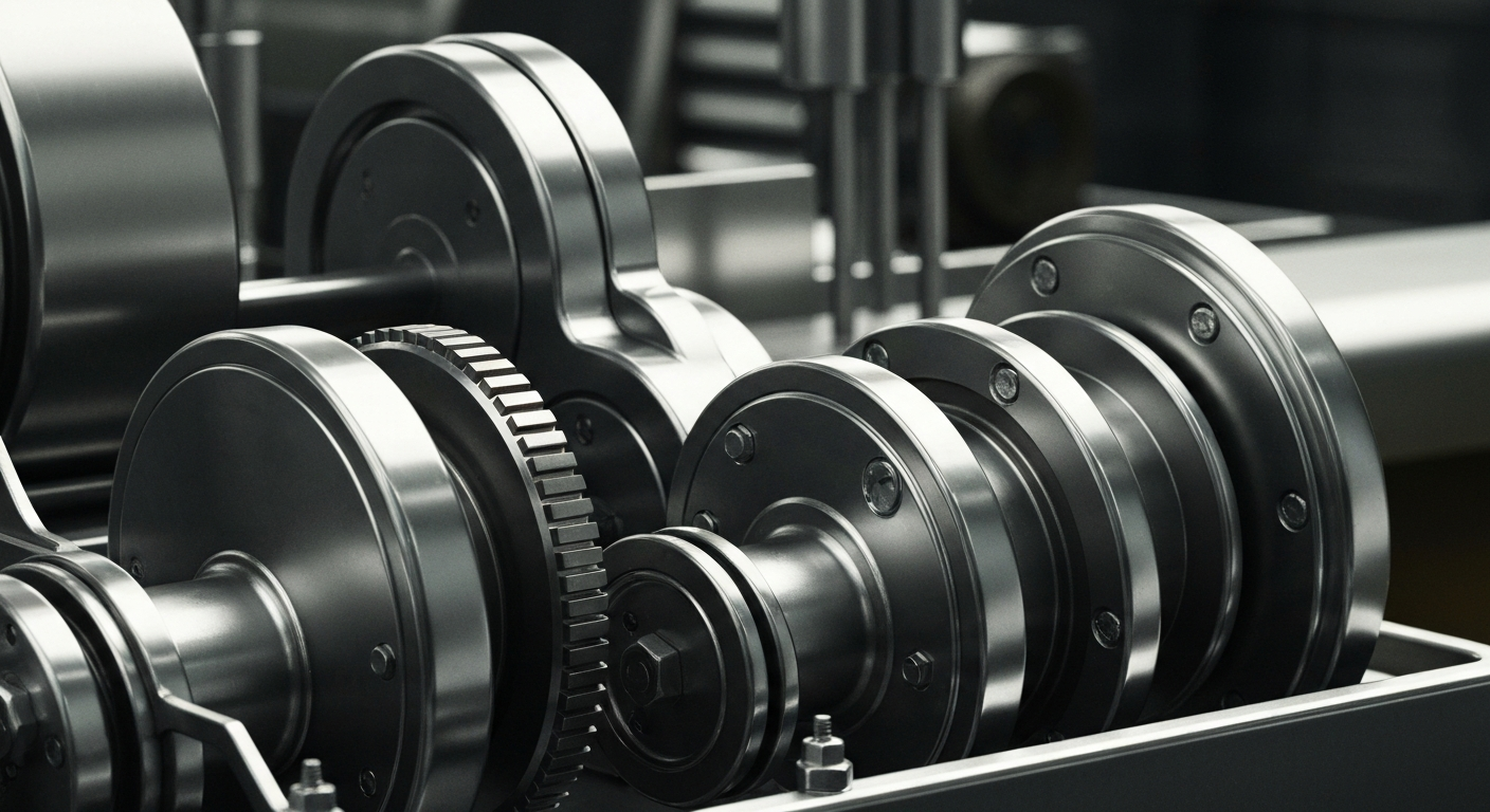 An extreme close-up of gleaming, intricate banking machinery and mechanical components, conveying a sense of industrial power and institutional wealth without using literal currency or charts.