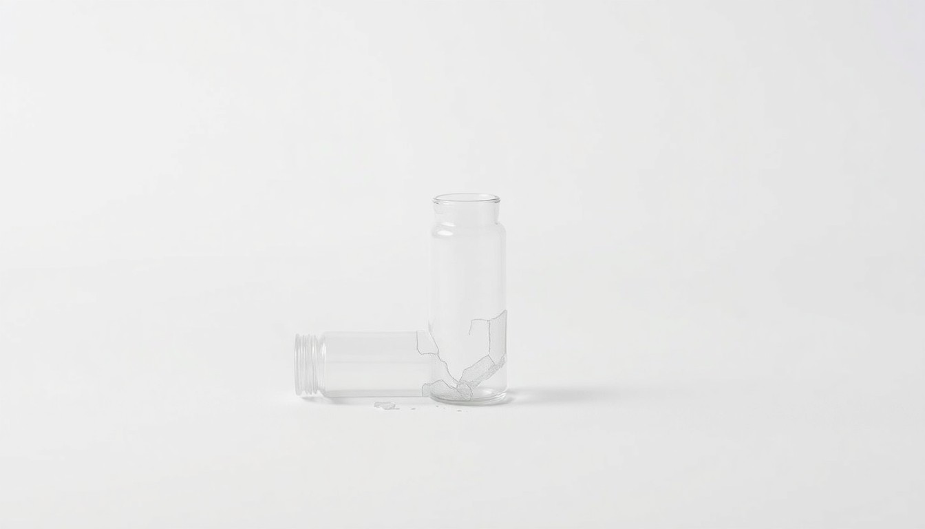 A photorealistic studio still life of a shattered glass vial or test tube on a clean, monochromatic background, conceptually representing the alleged safety issues with Soleno's drug.