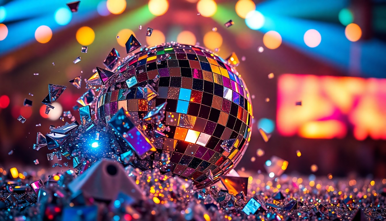 An extreme close-up photograph of glittering, shattered disco ball fragments reflecting colorful stage lights, creating a high-contrast, abstract texture that evokes the glamour and excitement of a major music festival.
