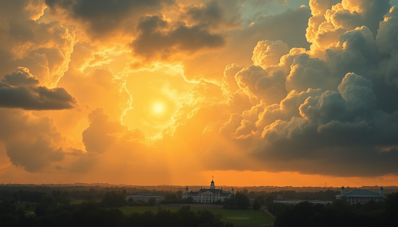 A vast, atmospheric landscape painting depicting the dramatic skyline of Augusta, Georgia, with the iconic Augusta National Golf Club clubhouse in the distance, dwarfed by towering storm clouds and a golden, hazy sunset, conveying the overwhelming scale and natural beauty of the Masters tournament's setting.