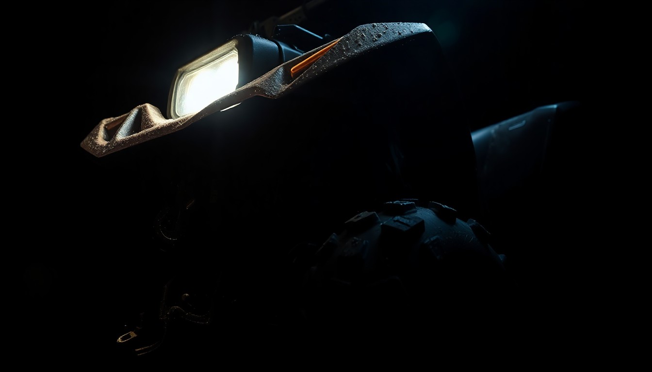 An extreme close-up photograph of a damaged ATV component, such as a broken wheel or crumpled fender, lit by a harsh, direct flash against a pitch-black background, conveying the gritty aftermath of the crash.