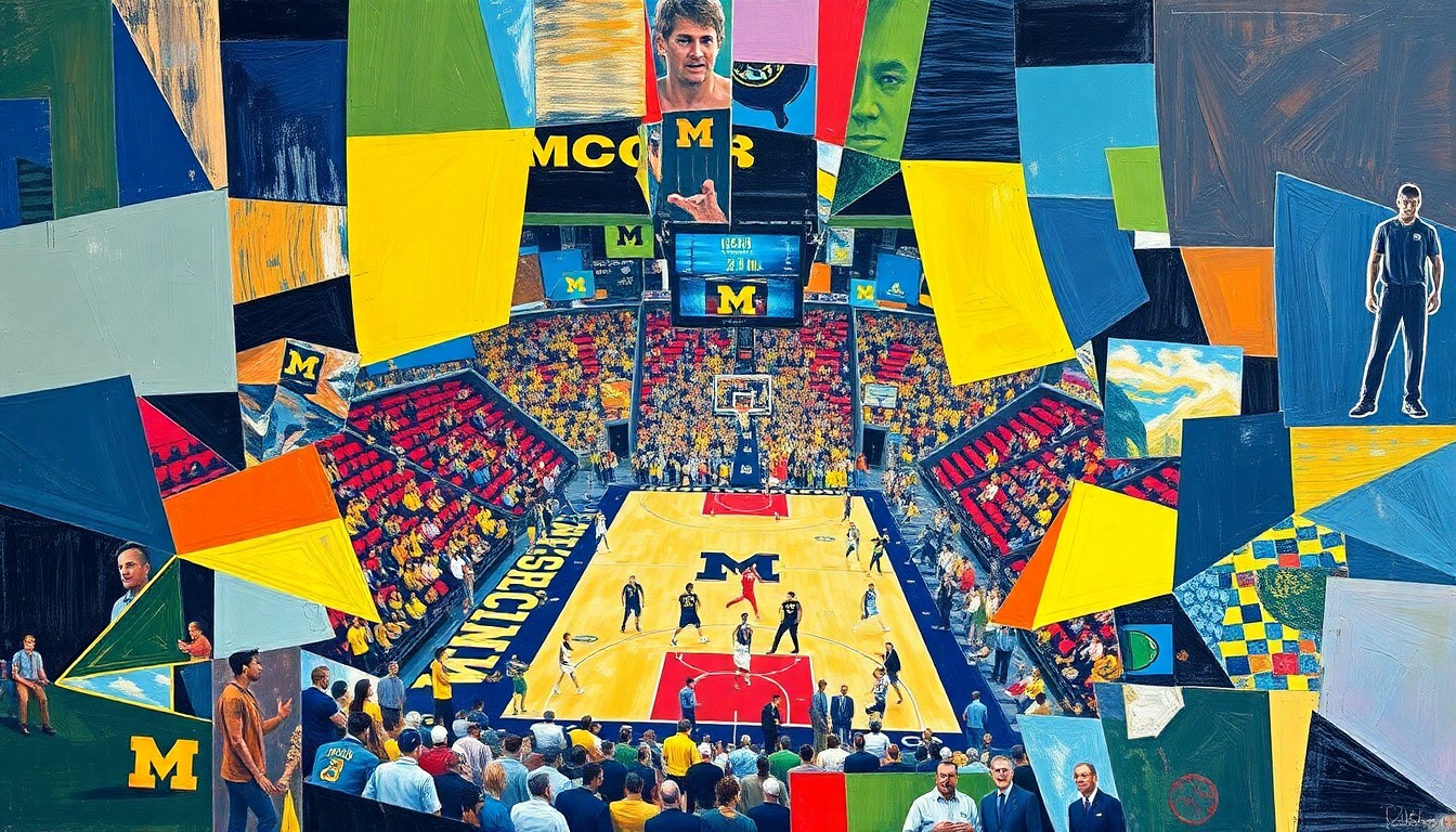 A cubist, geometric painting in the colors of the Michigan Wolverines basketball team, capturing the tension and energy of a championship game through fragmented, overlapping shapes and planes.
