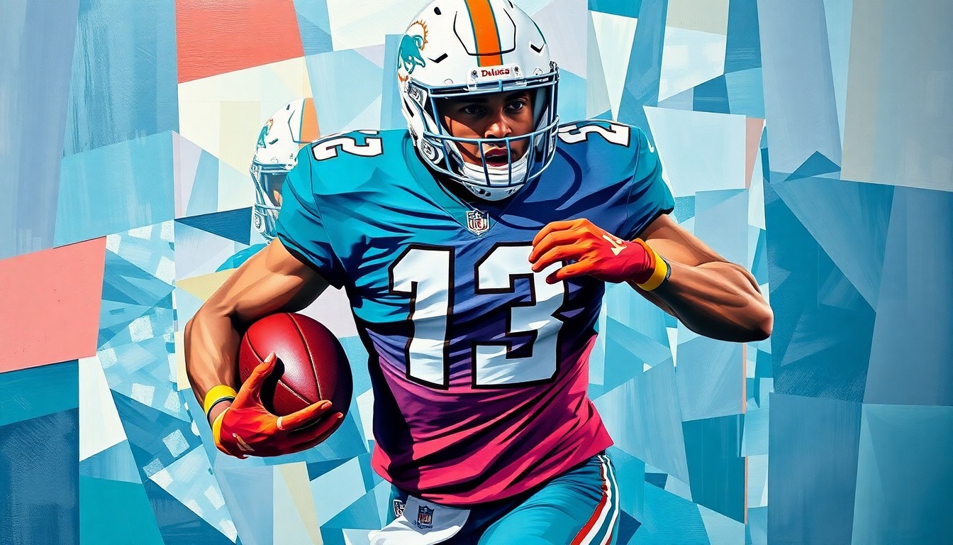 A cubist, geometric painting depicting a football player in action, with their jersey number obscured, representing the uncertainty around the Dolphins' roster plans.
