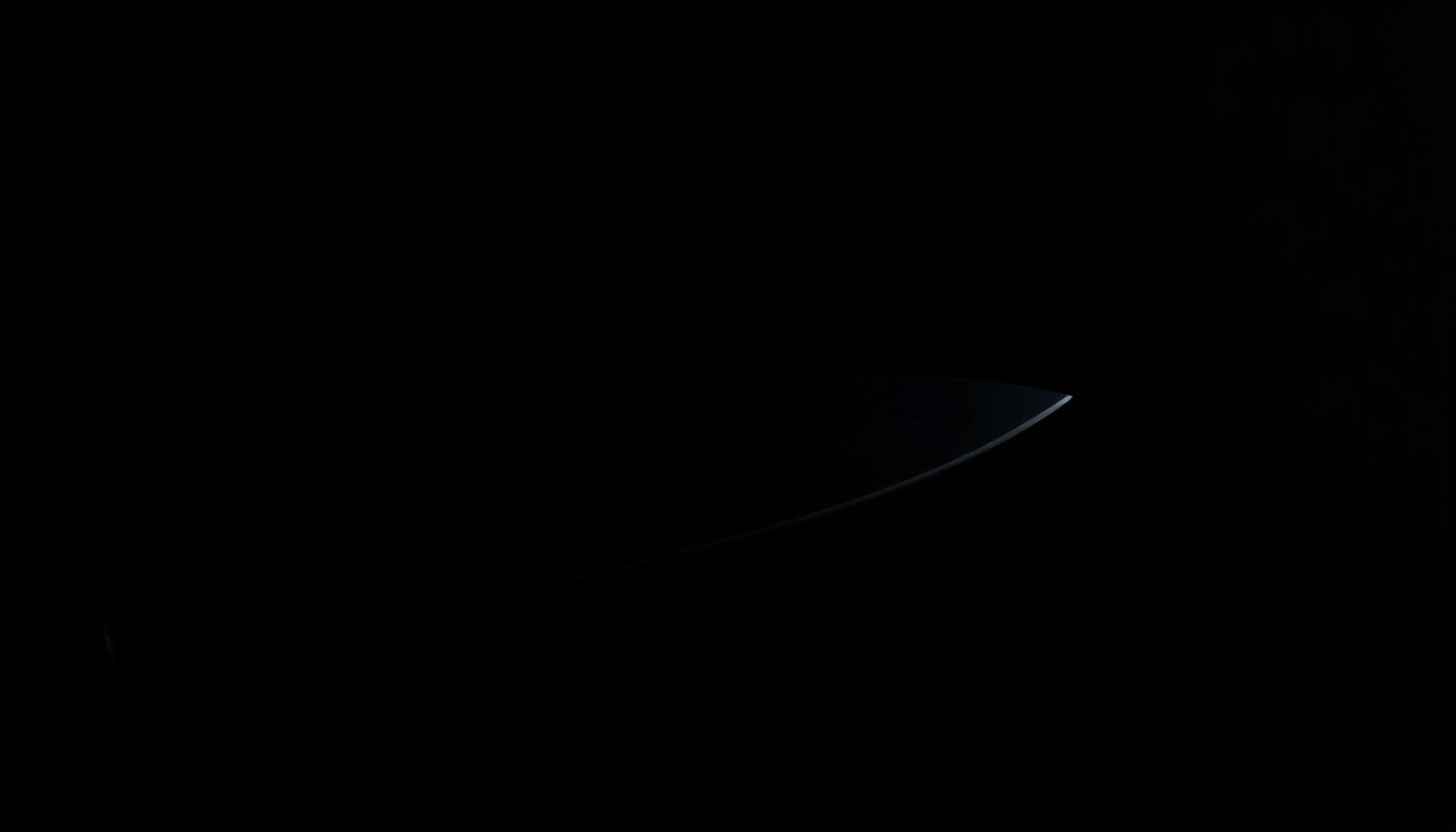 An extreme close-up photograph of a knife blade against a stark black background, the harsh flash creating dramatic shadows and highlights that convey a sense of danger and urgency without depicting any actual violence.