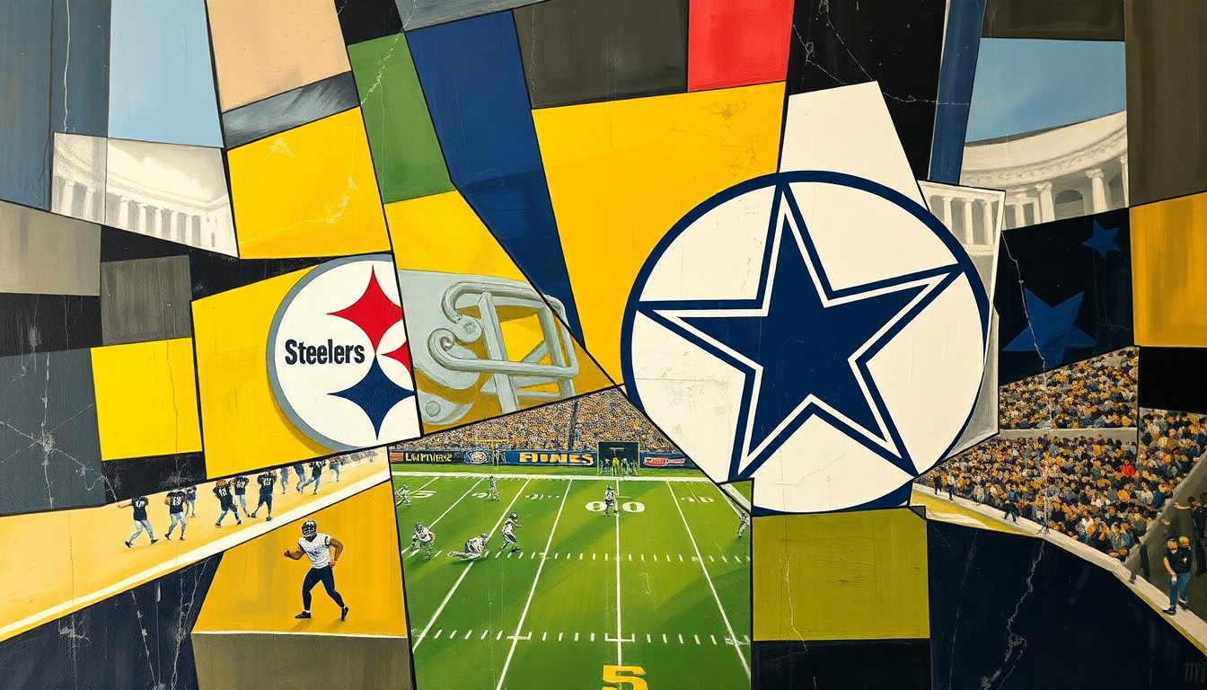 A fragmented, geometric painting depicting a football game or match, with sharp planes of color and form representing the action on the field without any identifiable players or teams.