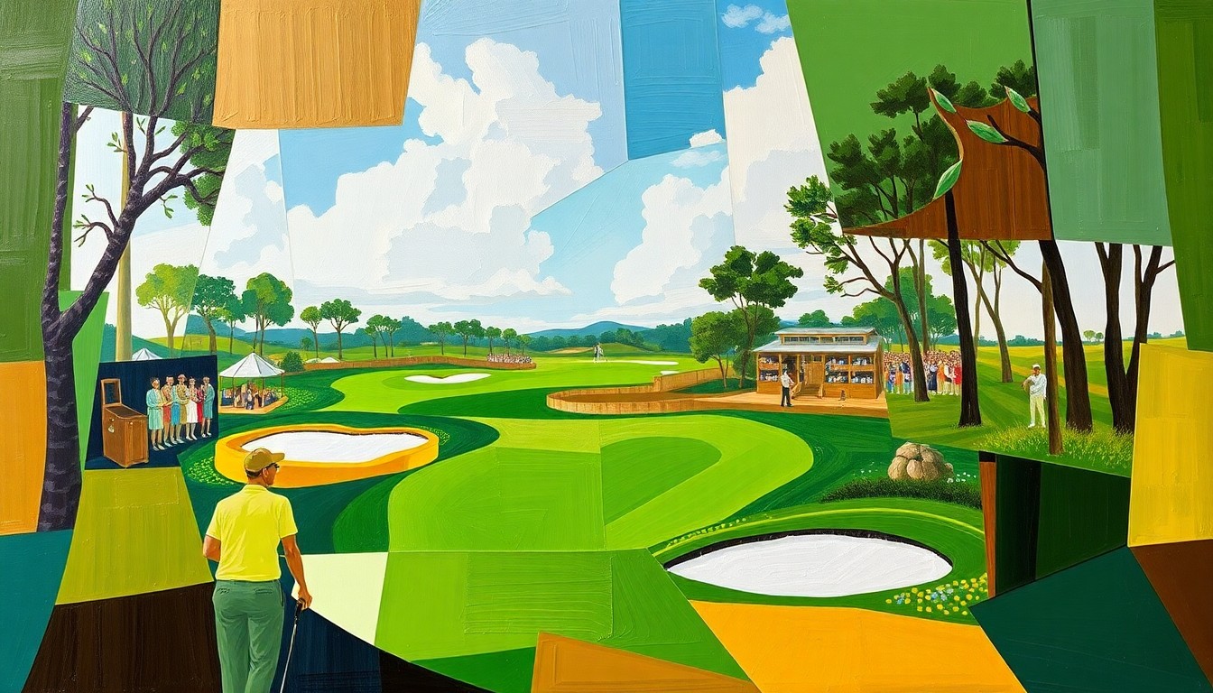 A cubist, geometric painting depicting a fragmented, multi-angled view of a golf tournament, with sharp planes of green, brown, and white representing the course and players.