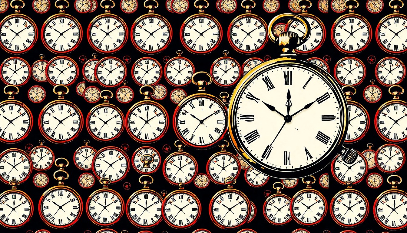 A bold, graphic illustration of an antique clock or pocket watch repeated in a grid of bright, contrasting colors, conceptually representing the passage of time and the rich history of Clay County.