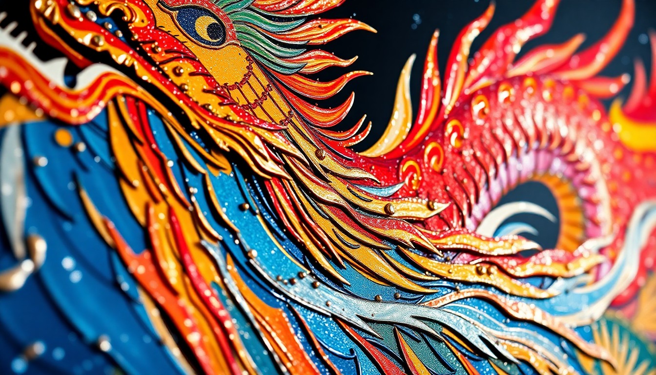 An extreme close-up photograph of the detailed, textured brushstrokes of a vibrant dragon boat painting, rendered in a high-contrast, high-fashion style with shimmering metallic accents and bold, saturated colors, conceptually representing the fusion of traditional and digital art forms at a community festival.