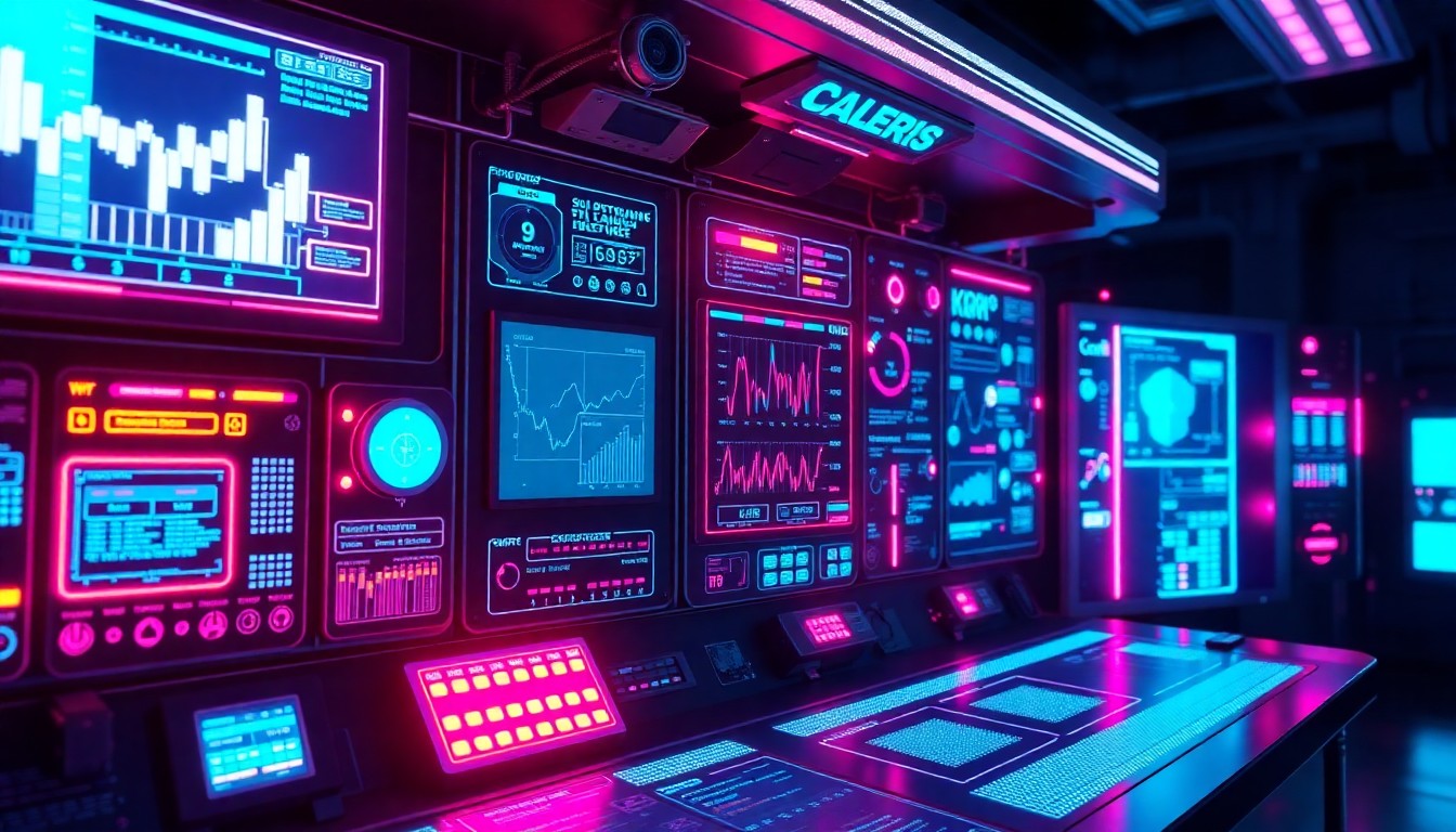 A highly detailed, glowing 3D illustration of a futuristic supply chain control panel, with various digital displays, sensors, and interconnected hardware elements illuminated by neon cyan and magenta lights, conceptually representing the integrated data and execution capabilities of Kaleris' supply chain technology platform.
