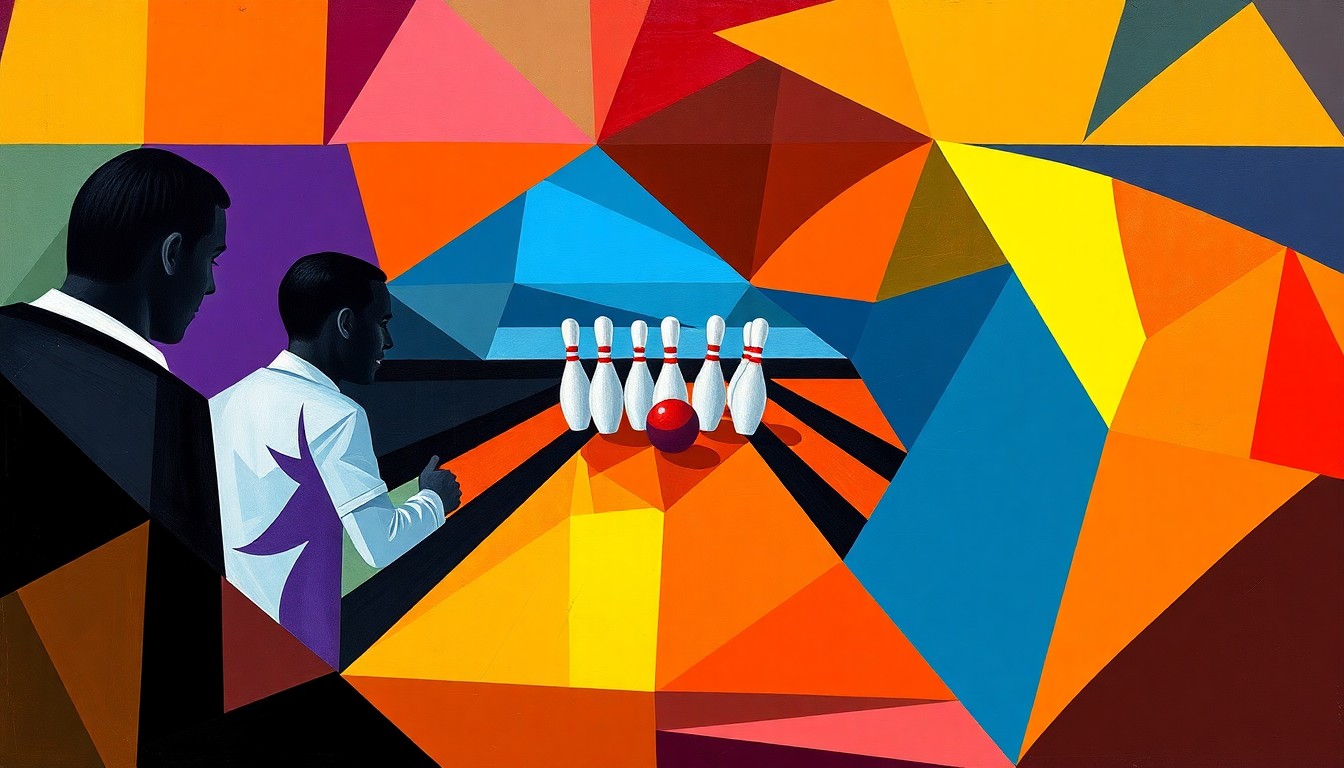 A cubist, geometric painting depicting a college bowling match, with sharp overlapping planes of color representing the dynamic action and competition on the lanes.