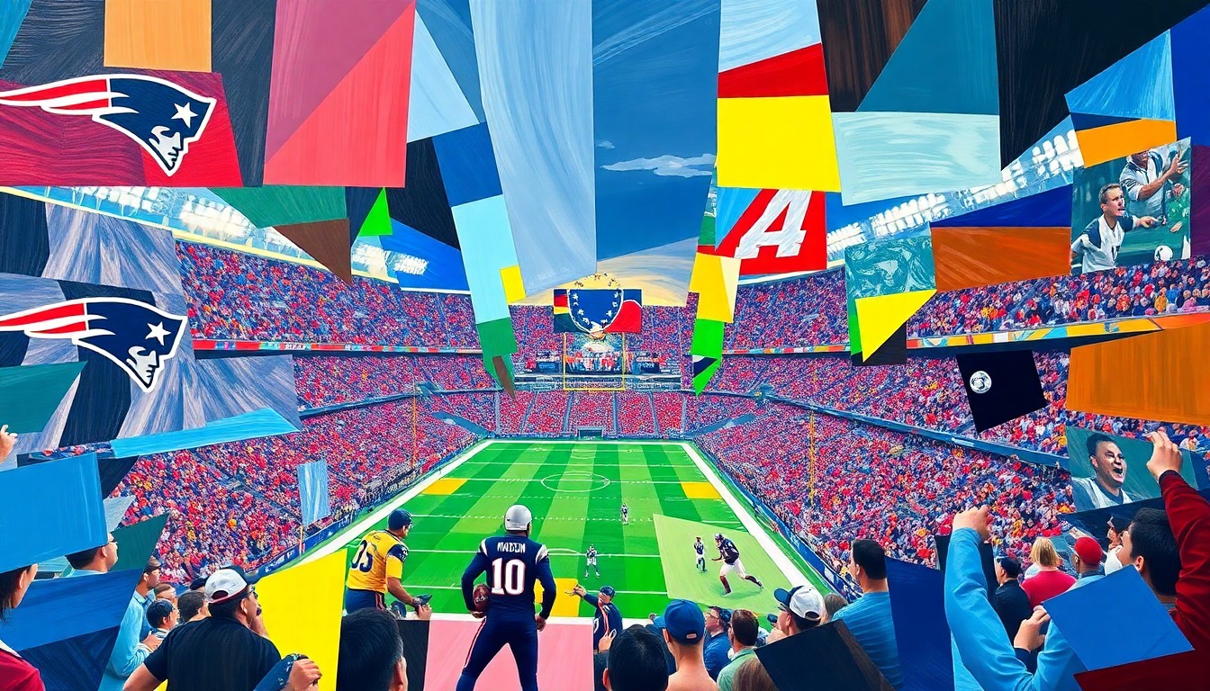 A fragmented, geometric painting in bold colors depicting a soccer match at Gillette Stadium, with overlapping planes and shapes representing the complex transportation challenges around the event.
