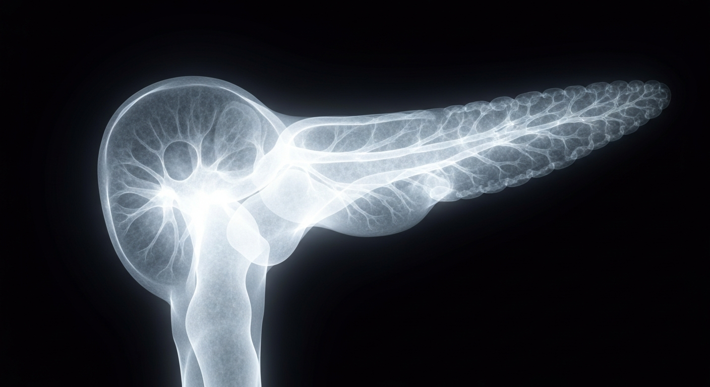 A highly detailed, translucent X-ray image of the internal structure of a human pancreas, with the delicate organ's intricate network of ducts and cells glowing against a dark background, conceptually representing the complex medical research into curing type 1 diabetes.