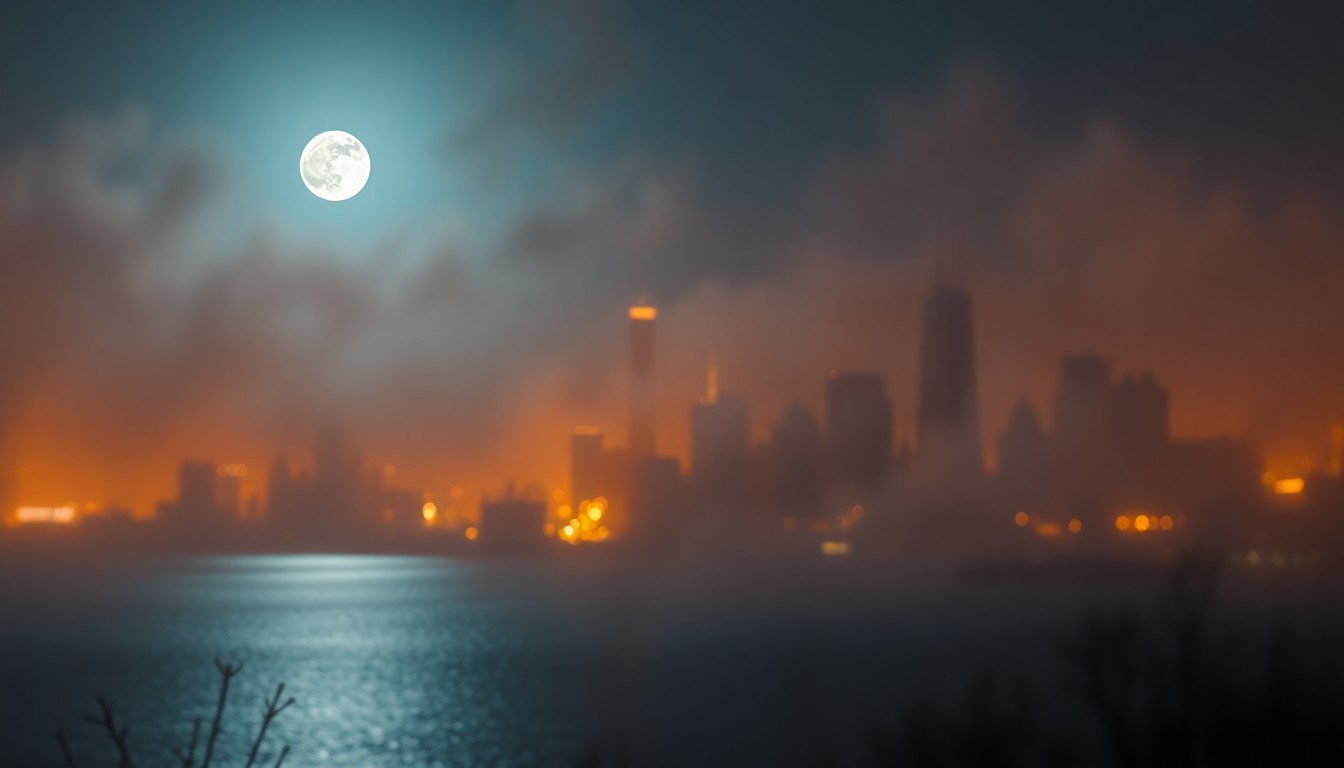 An extremely abstracted, out-of-focus photograph of a moonlit landscape in soft pools of warm color and light, evoking the atmospheric beauty of a spring evening in New York.