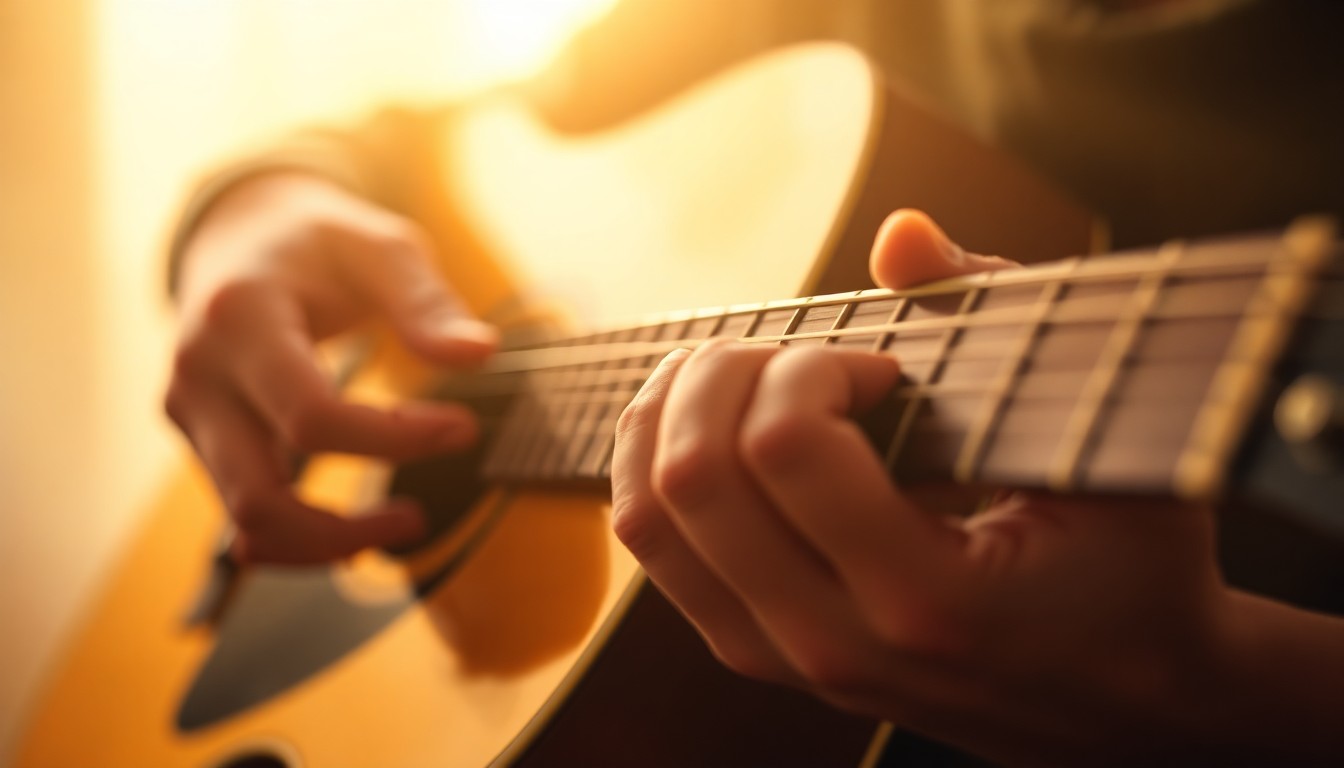 An abstract, impressionistic photograph of a musician's hands playing an acoustic guitar, the strings and fretboard blurred into soft, glowing pools of warm light, conceptually representing the scholarships that will support traditional music education.