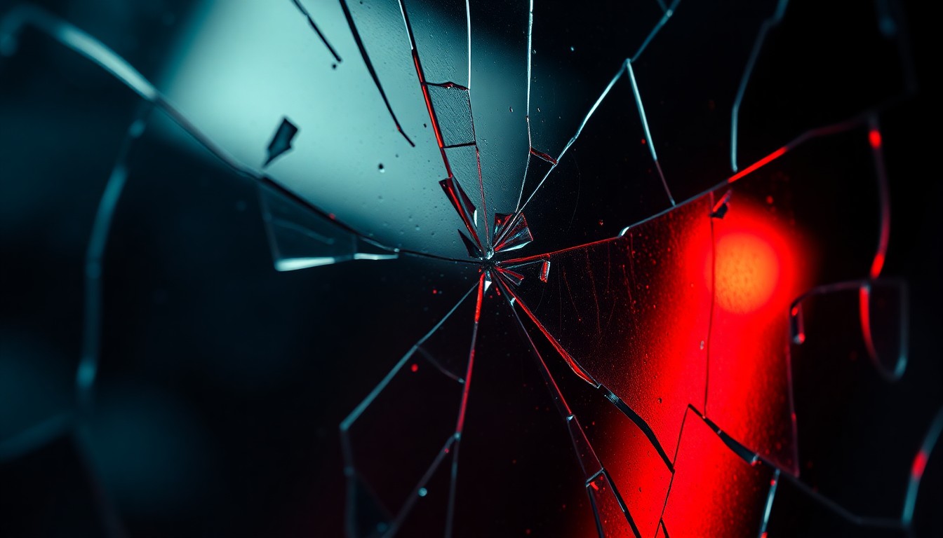 An extreme close-up of a shattered glass surface reflecting a faint red light, conceptually illustrating the gritty, high-stakes world of the Escobar crime drama.