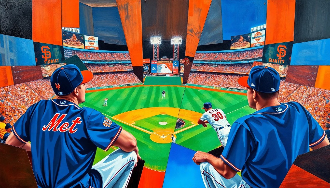 A fragmented, geometric painting depicting a baseball game between the New York Mets and San Francisco Giants, with the players and field broken down into sharp, overlapping shapes and planes of vibrant blue, orange, black, and white.