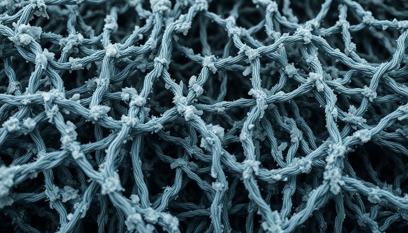 An abstract close-up photograph of a heavily textured, weathered fishing net in muted shades of grey and blue, conveying the harsh realities of commercial fishing.
