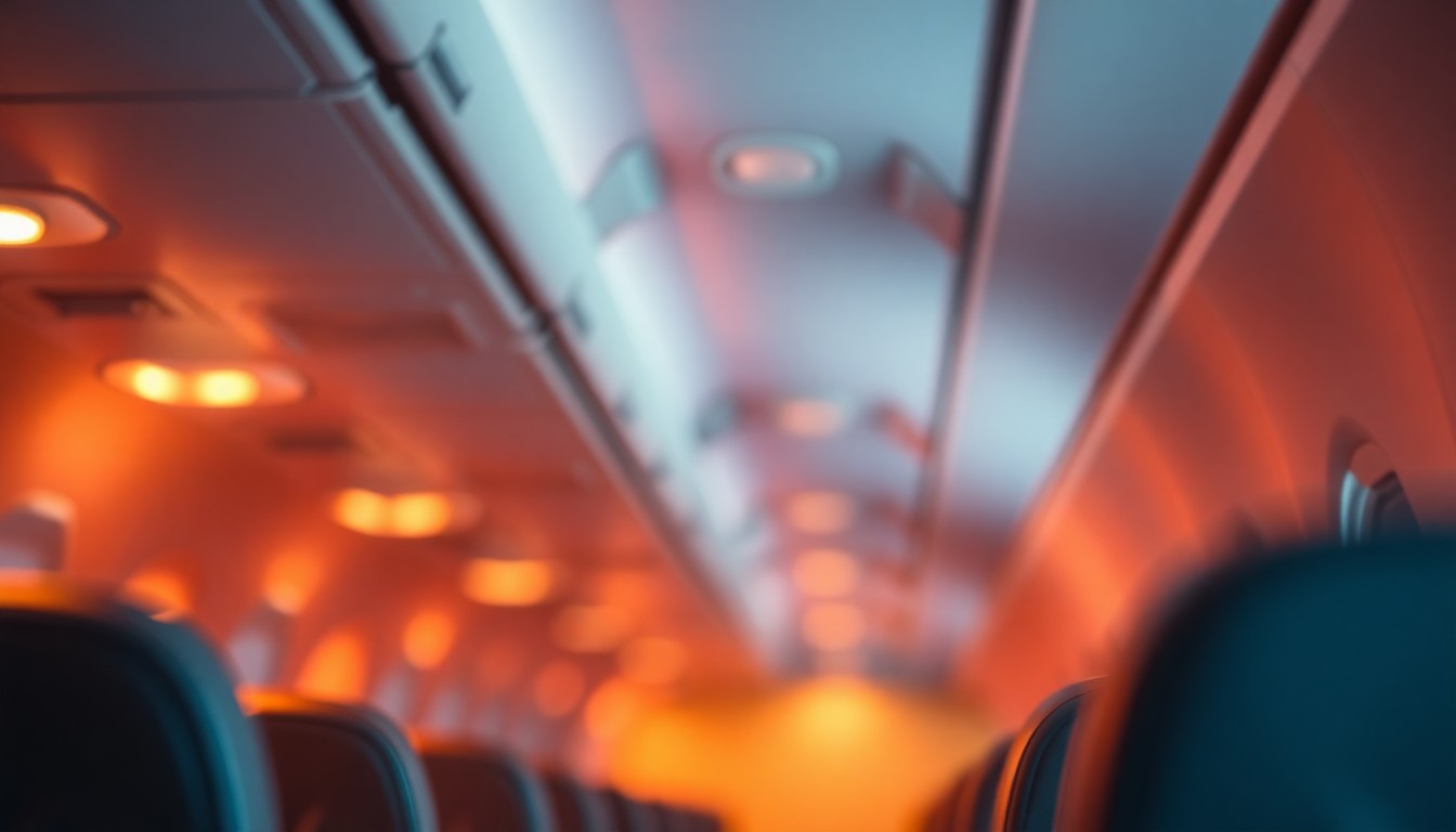 An extremely abstracted, out-of-focus photograph of an airplane cabin interior, with soft pools of warm color and light creating a dreamlike, atmospheric scene that conceptually represents the unexpected birth on the flight.
