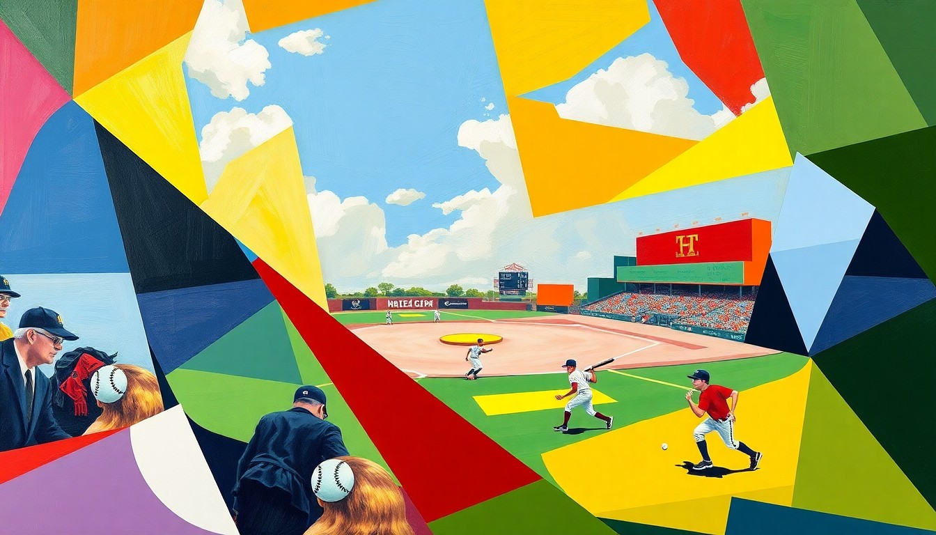 A fragmented, geometric painting depicting the dynamic movements and energy of a high school softball game, with the official team colors of the competing schools creating a vibrant, abstract composition.