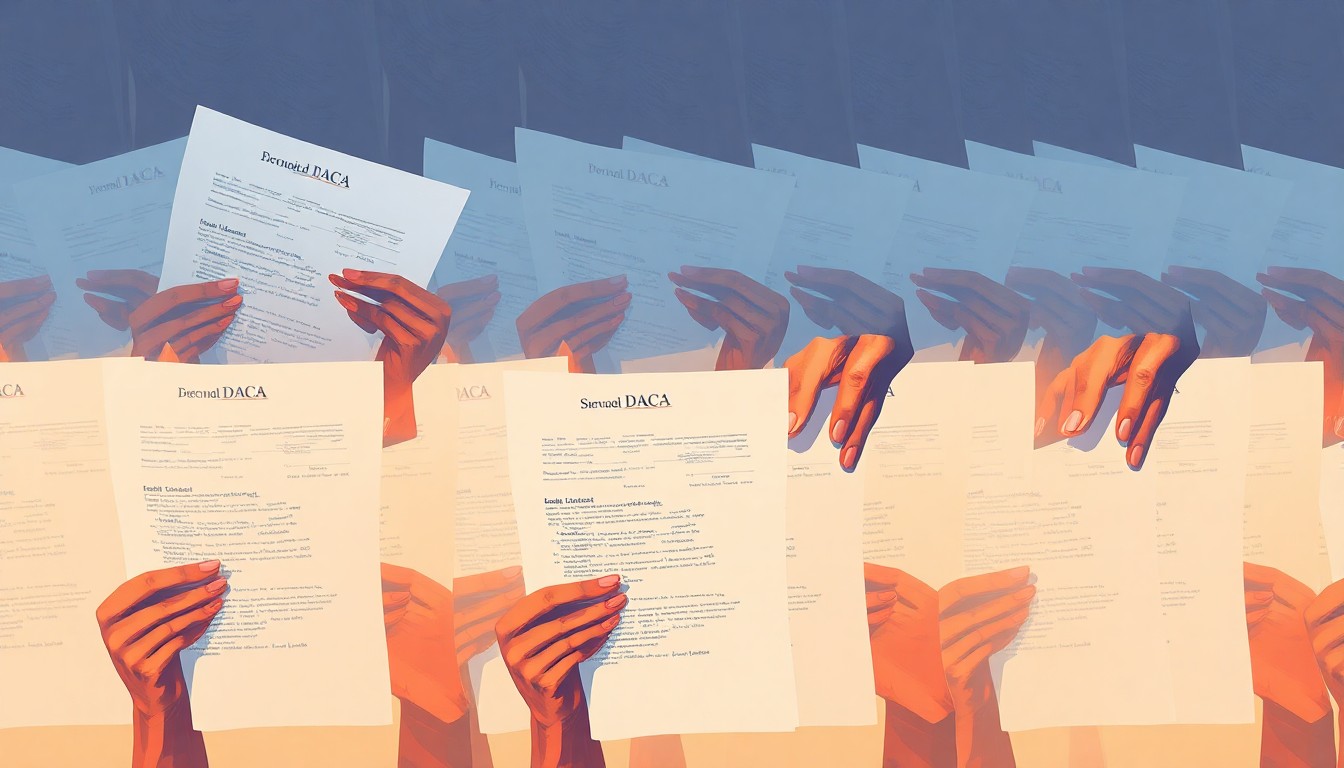 A conceptual illustration featuring overlapping, fractured geometric shapes in warm earth tones and cool blues, representing the uncertainty and disruption faced by DACA recipients due to renewal delays.