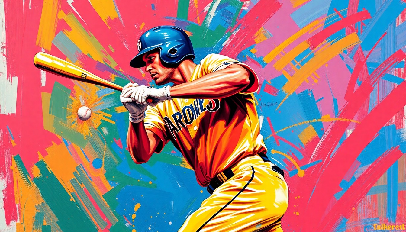 An abstract, energetic painting using vibrant neon colors and expressive brushstrokes to depict the dynamic batting motion of a baseball player, conveying the raw athletic energy of the sport.