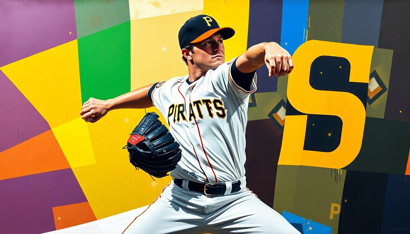 A fragmented, geometric painting depicting the motion of a baseball pitcher, with sharp planes of color representing the official team colors of the Pittsburgh Pirates and San Diego Padres, conceptually illustrating a homecoming moment for a local player.