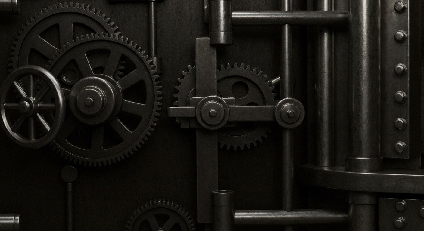 An extreme close-up of intricate, industrial-looking banking machinery and mechanisms, conveying a sense of the complex, high-stakes world of private credit and financial institutions.