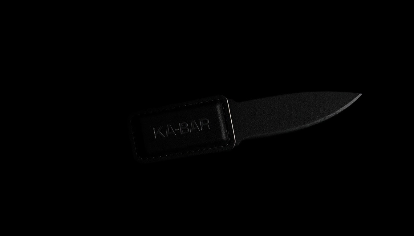 An extreme close-up photograph of a KA-BAR knife sheath, its textured surface and metallic details dramatically illuminated against a stark black background, conceptually representing the forensic scrutiny of the crime scene evidence.