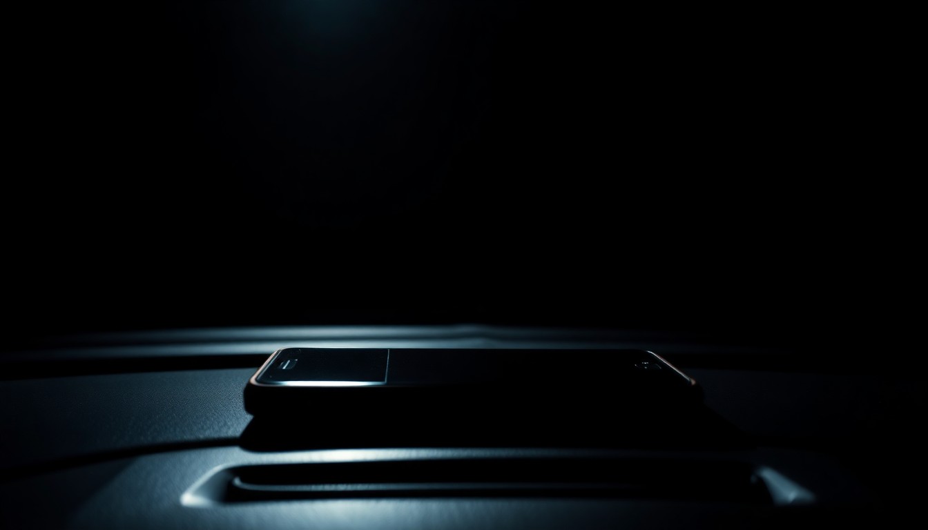 An extreme close-up photograph of a cell phone on a car dashboard, lit by a harsh, direct camera flash against a pitch-black background, conceptually illustrating the dangers of distracted driving.