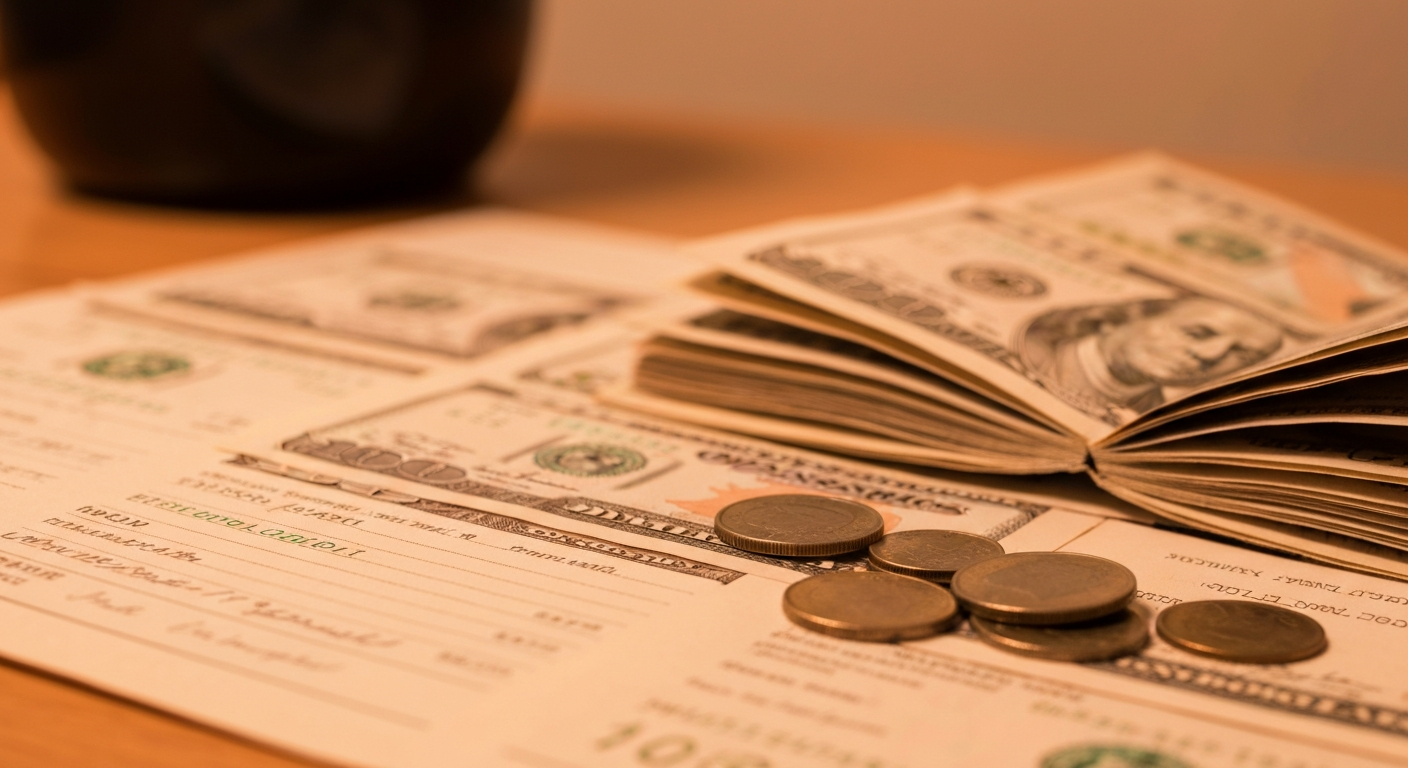 An extreme close-up of stacks of cash, coins, and financial documents, representing the tangible mechanics of tax refunds and personal finance.