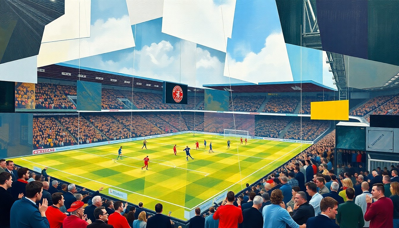 A cubist-style painting depicting a Lincoln City football match, with the players and field broken down into fragmented geometric shapes and planes of color, conveying the club's innovative tactical approach.