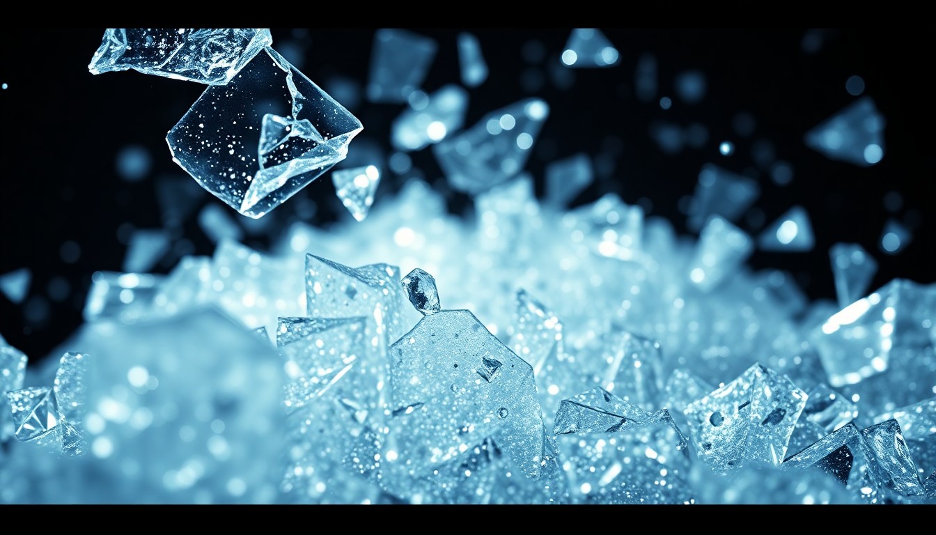 An abstract, high-contrast close-up image of shattered glass textures, capturing the digital success and glamour of the Avatar franchise.