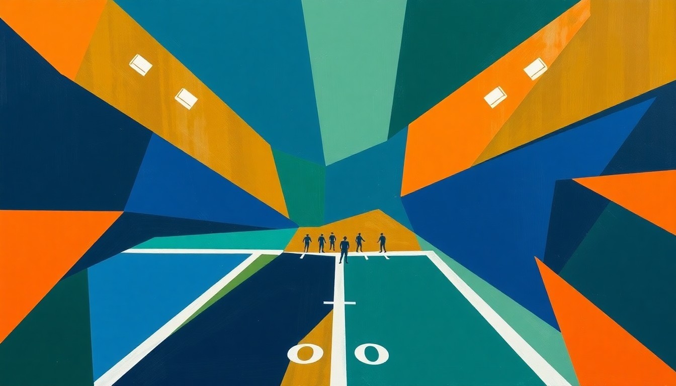 A cubist, geometric painting depicting fragmented, overlapping shapes and planes in shades of navy, green, and orange, conceptually representing the multifaceted nature of an NFL prospect's journey from college to the professional ranks.