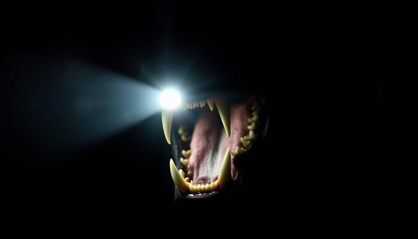 An extreme close-up photograph of a wolf's open jaws and sharp teeth, lit by a harsh, direct camera flash against a pitch-black background, conveying the sudden and dangerous nature of the incident.