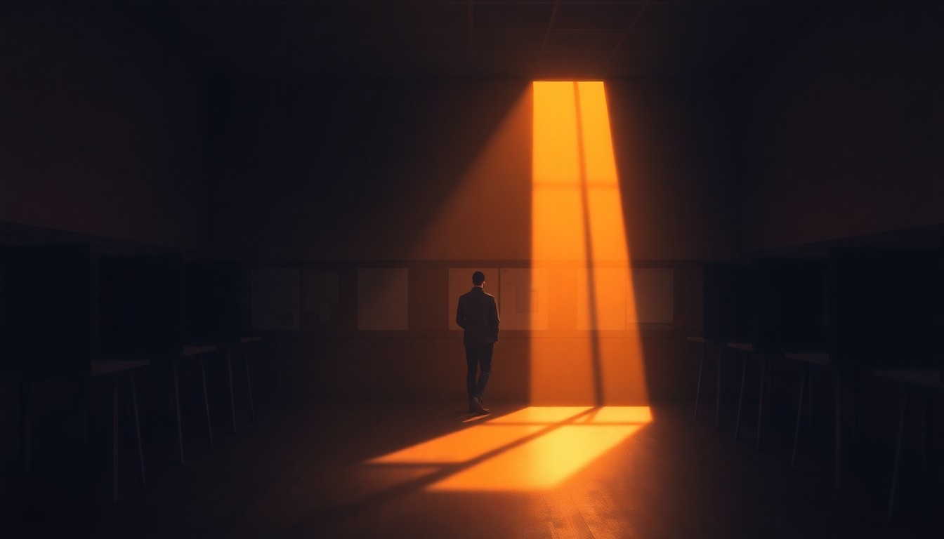 A serene, cinematic painting depicting the interior of an empty polling station, with warm sunlight streaming in through the windows and casting deep shadows across the floor. A lone voter stands at a voting booth, their face obscured, capturing the quiet contemplation of the democratic process.